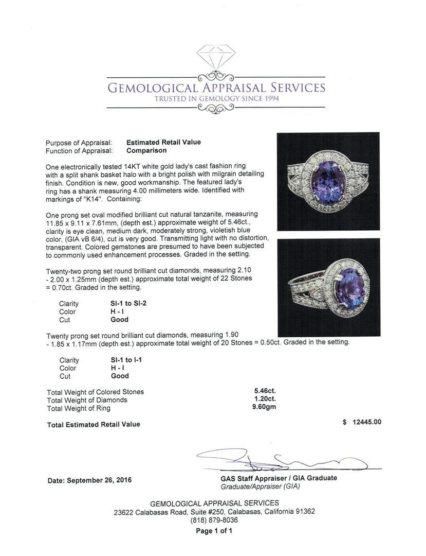 5.46 ctw Tanzanite and Diamond Ring - 14KT White Gold