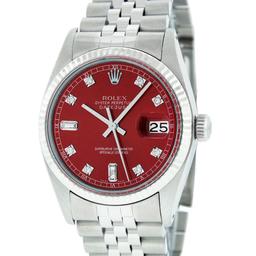 Mens Rolex Stainless Steel Red Diamond And White Gold Fluted Datejust Wristwatch