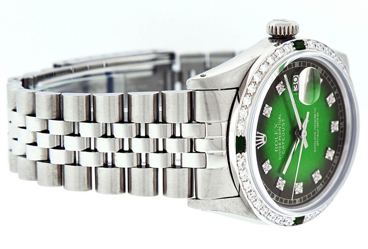 Rolex Mens Stainless Steel Green Vignette Diamond And Emerald Datejust Wristwatc