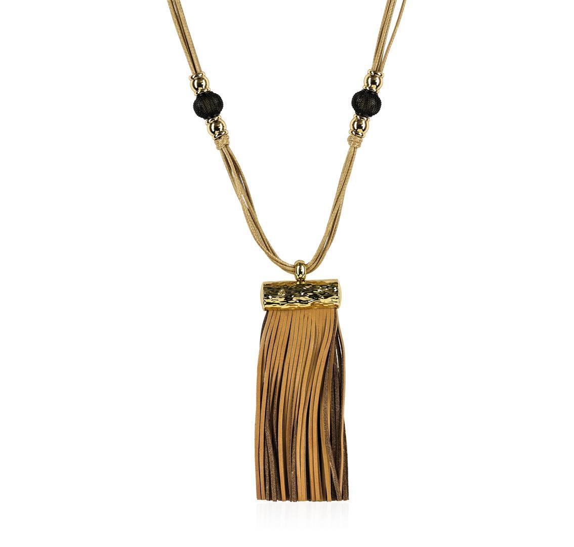 Bamboo Leather Tassel Necklace - Gold Plated
