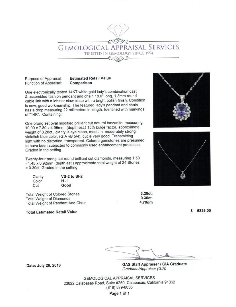 3.28 ctw Tanzanite and Diamond Pendant With Chain - 14KT White Gold