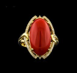 8.41 ctw Coral and Diamond Ring - 14KT Yellow Gold