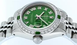 Rolex Stainless Steel Green Roman Diamond and Emerald DateJust Ladies Watch