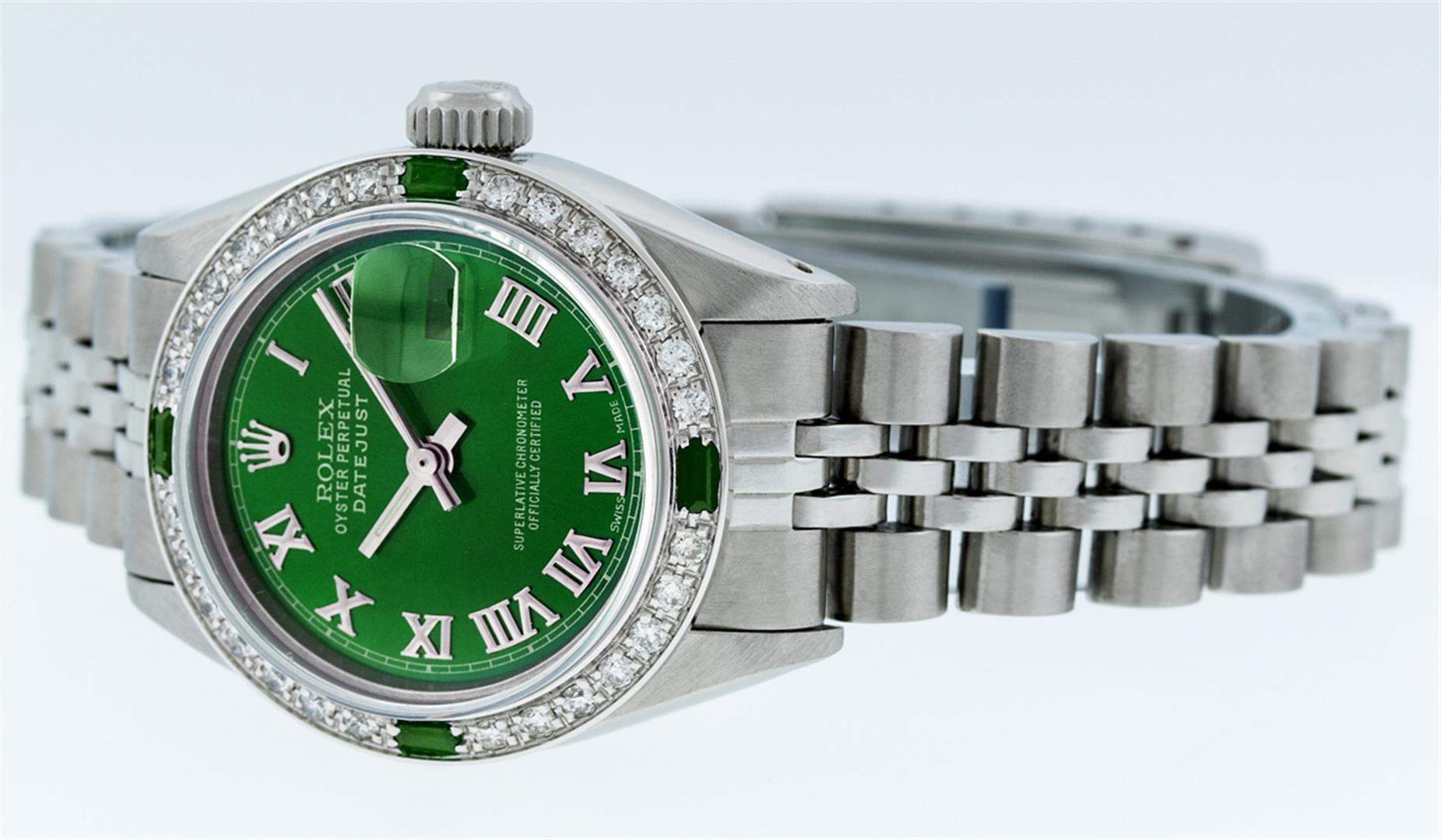 Rolex Stainless Steel Green Roman Diamond and Emerald DateJust Ladies Watch