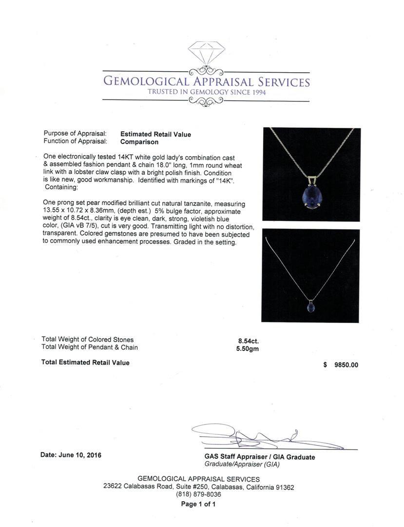 8.54 ctw Tanzanite Pendant With Chain - 14KT White Gold