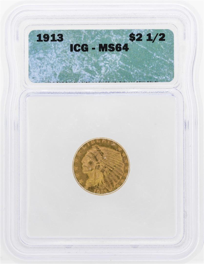 1913 $2 1/2 Indian Head Quarter Eagle Gold Coin ICG MS64