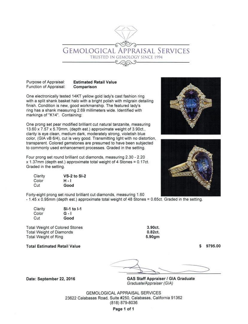 3.90 ctw Tanzanite and Diamond Ring - 14KT Yellow Gold