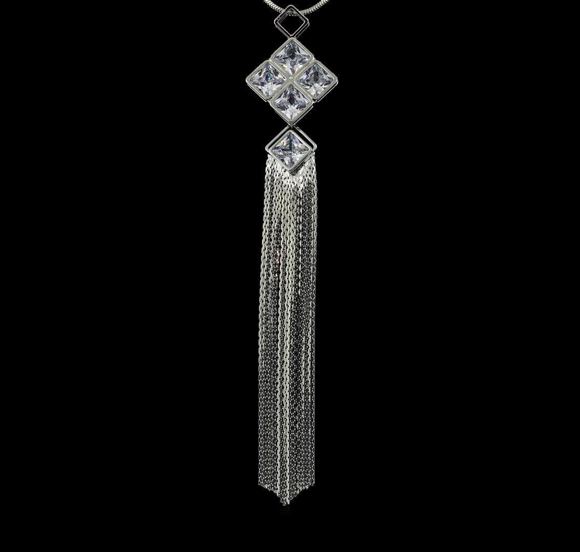 Crystal Square Pendant Tassel Necklace - Rhodium Plated