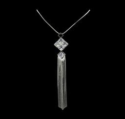 Crystal Square Pendant Tassel Necklace - Rhodium Plated