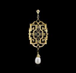 Pearl, Emerald and Diamond Pendant - 18KT Yellow Gold