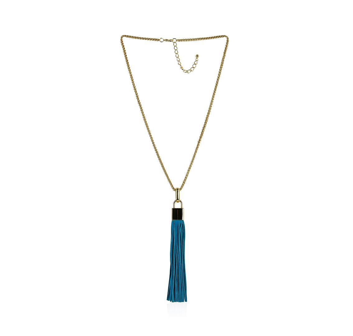 Leather Tassel Square Pendant Chain Necklace - Gold Plated