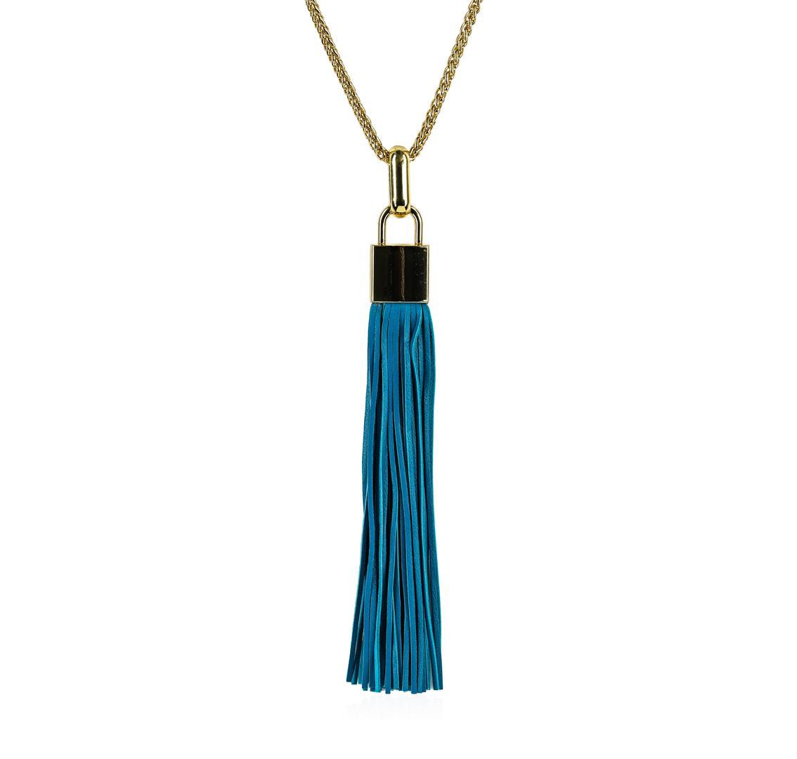 Leather Tassel Square Pendant Chain Necklace - Gold Plated