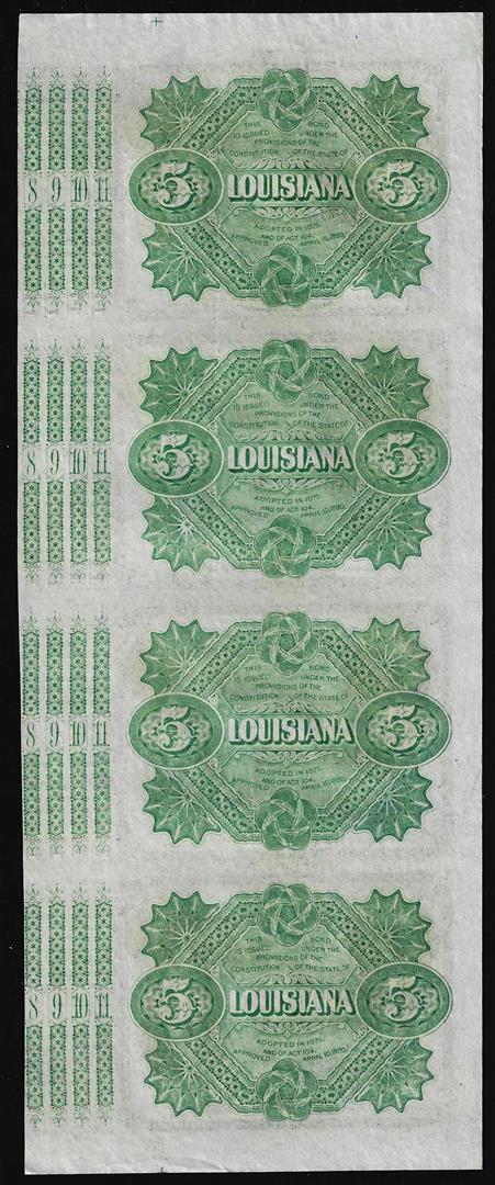 Uncut Sheet of (4) State of Louisiana Baby Bond Obsolete Notes