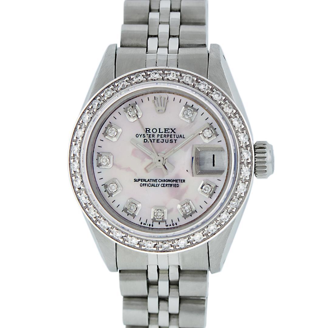 Rolex Ladies Stainless Steel Pink MOP Diamond 26MM Datejust Wristwatch