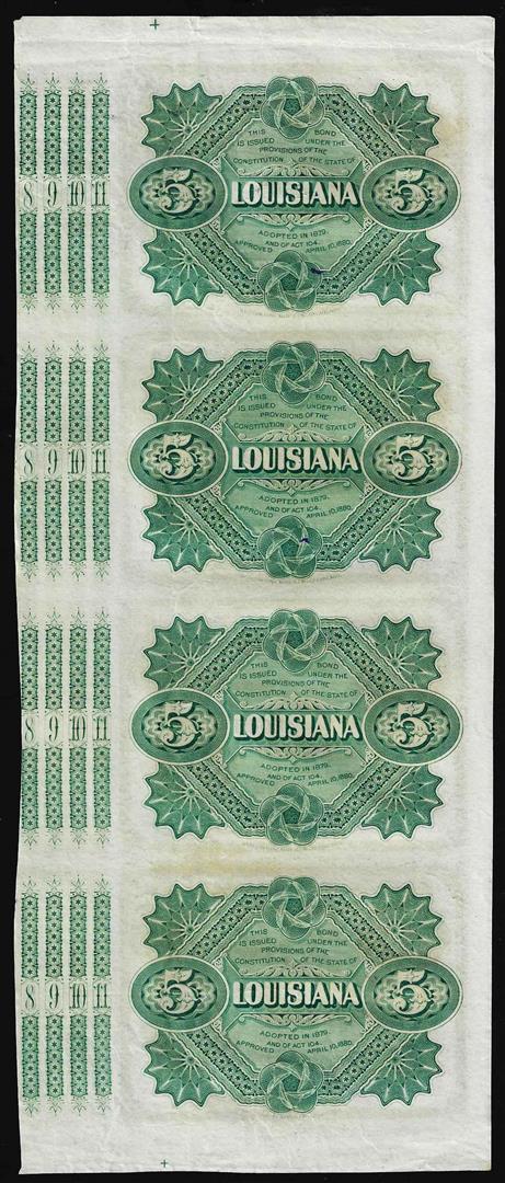 Uncut Sheet of (4) State of Louisiana Baby Bond Obsolete Notes