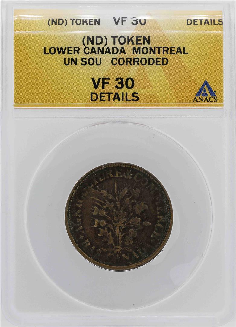 ND Canada-Montreal Un Sou Coin ANACS VF30 Details