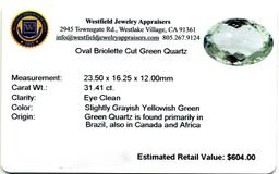 31.41 ct. Oval Cut Oval Briollette Cut Green Quartz