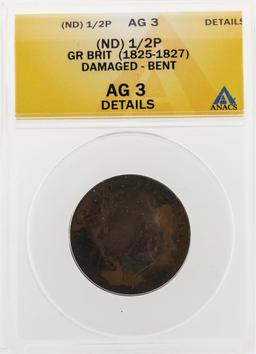 1825-1827 1/2 Penny Damaged Bent Coin ANACS AG 3 Details