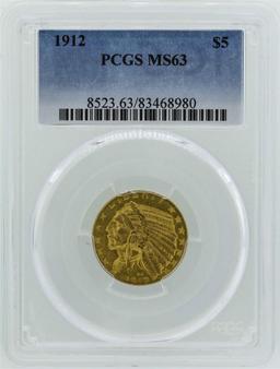 1912 $5 Indian Head Half Eagle Gold Coin PCGS MS63