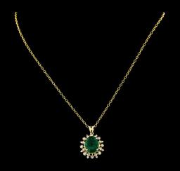 6.40 ctw Emerald and Diamond Pendant With Chain - 14KT Yellow Gold