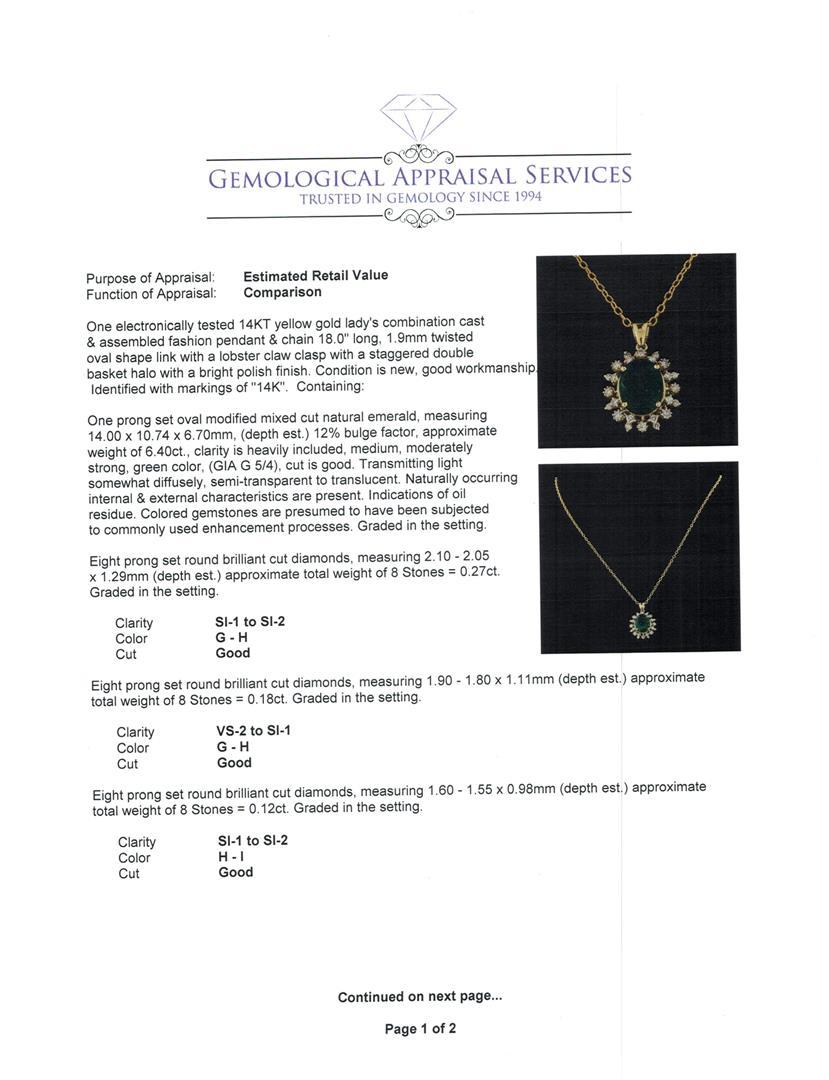 6.40 ctw Emerald and Diamond Pendant With Chain - 14KT Yellow Gold