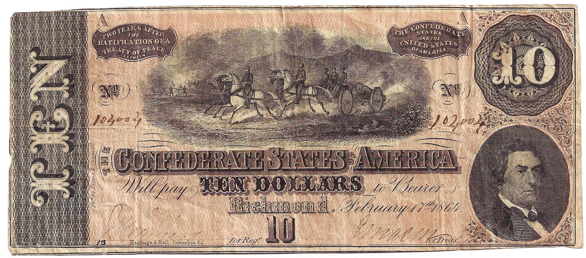 1864 $10 Confederate States of America Note