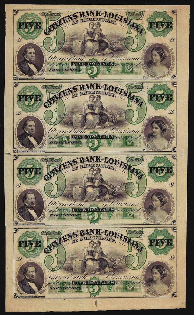 Uncut Sheet of $5 Citizens Bank of Louisiana Obsolete Notes
