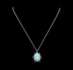 12.73 ctw Opal, Tanzanite and Diamond Pendant With Chain - 14KT Yellow Gold