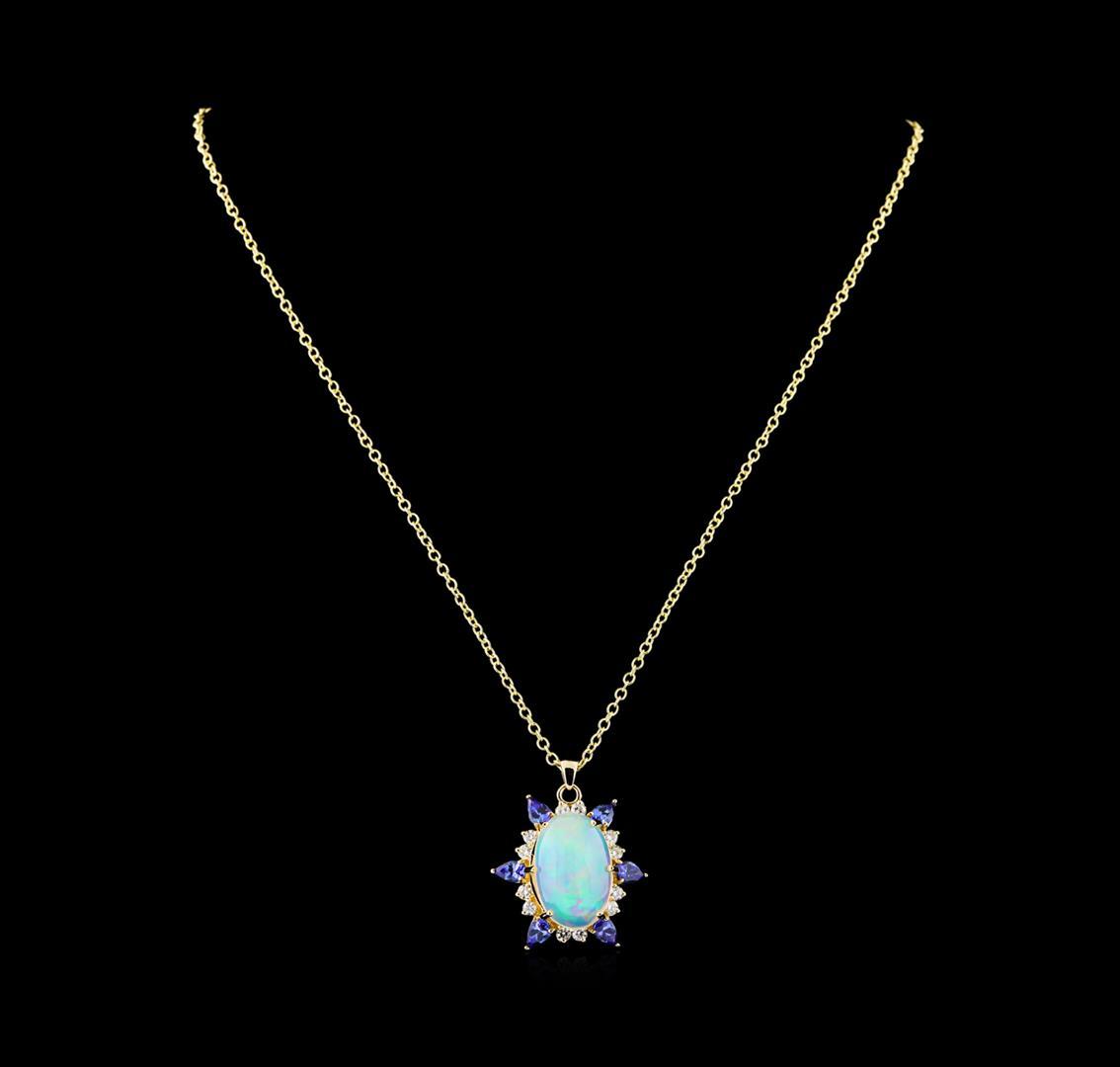 12.73 ctw Opal, Tanzanite and Diamond Pendant With Chain - 14KT Yellow Gold