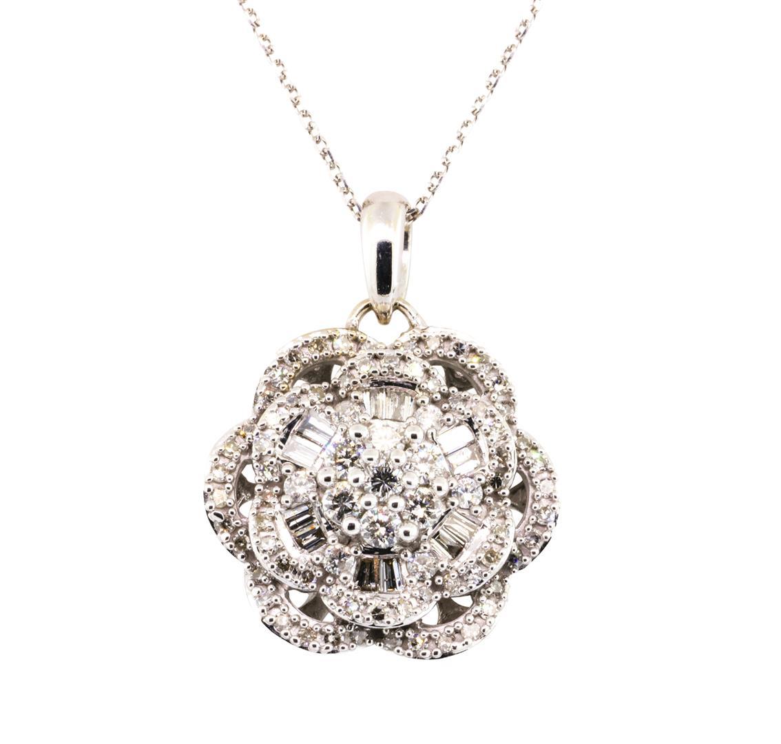 1.00 ctw Diamond Floral Motif Pendant with Chain - 14KT White Gold