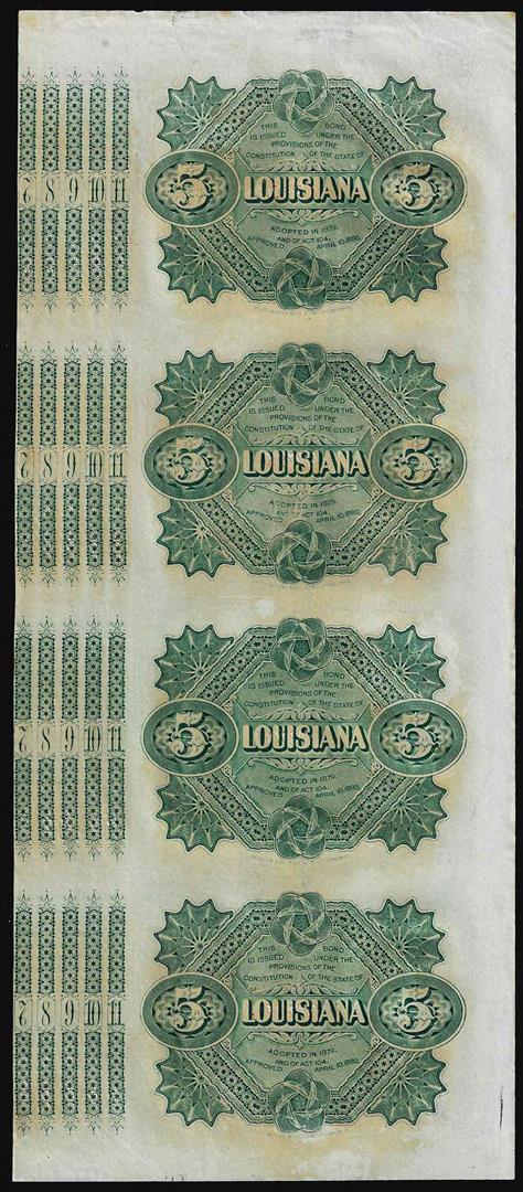 Uncut Sheet of (4) State of Louisiana Baby Bond Obsolete Notes