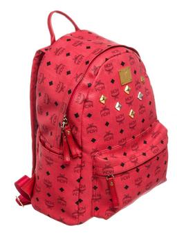 MCM Red Visetos Coated Canvas Leather Trim Studded Stark Medium Backpack