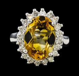 5.37 ctw Citrine Quartz  and Diamond Ring - 14KT White  Gold