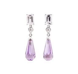 5.04 ctw Amethyst, Quartz and White Sapphire Earrings - 10KT White Gold