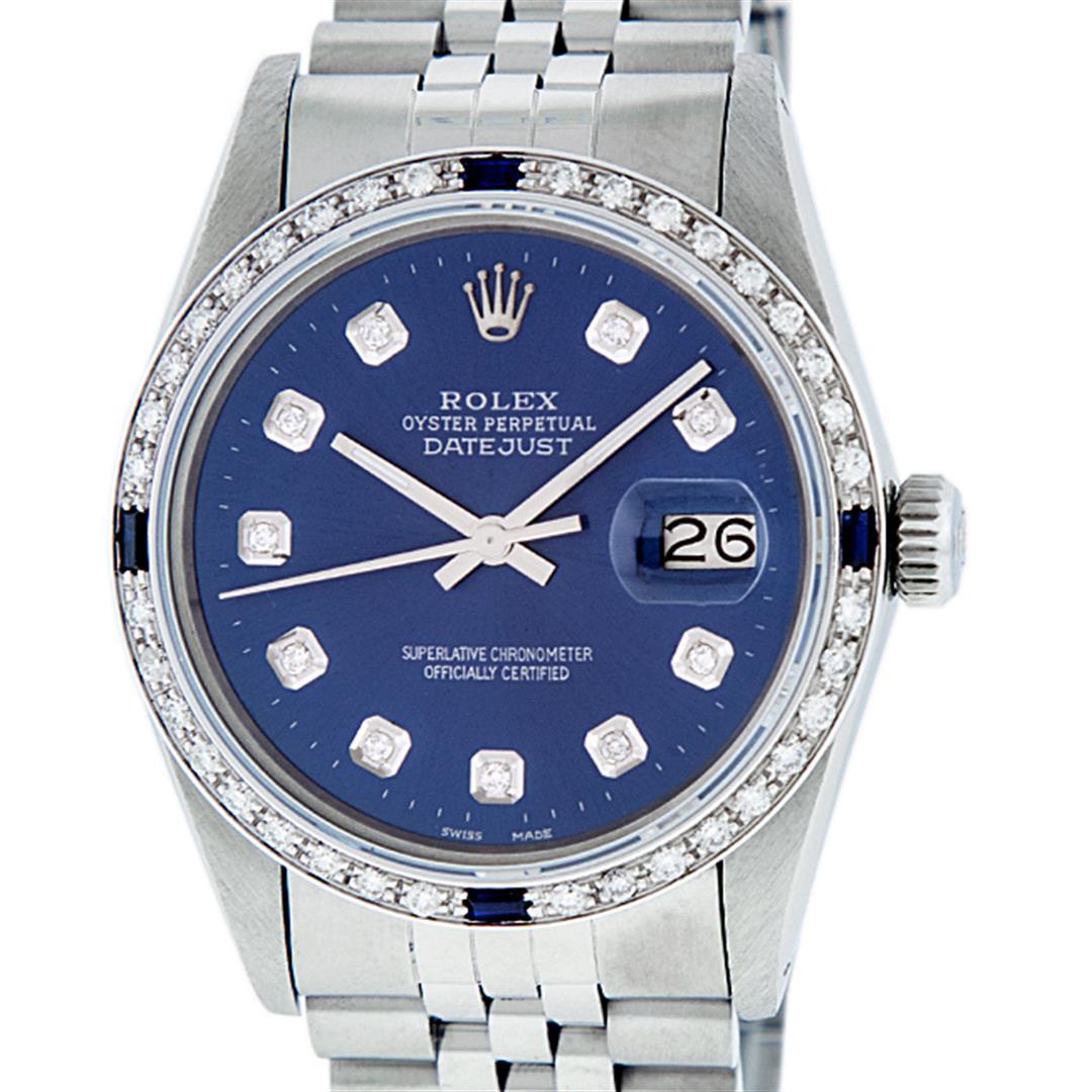 Rolex Mens Stainless Steel Blue Diamond & Sapphire Datejust Wristwatch