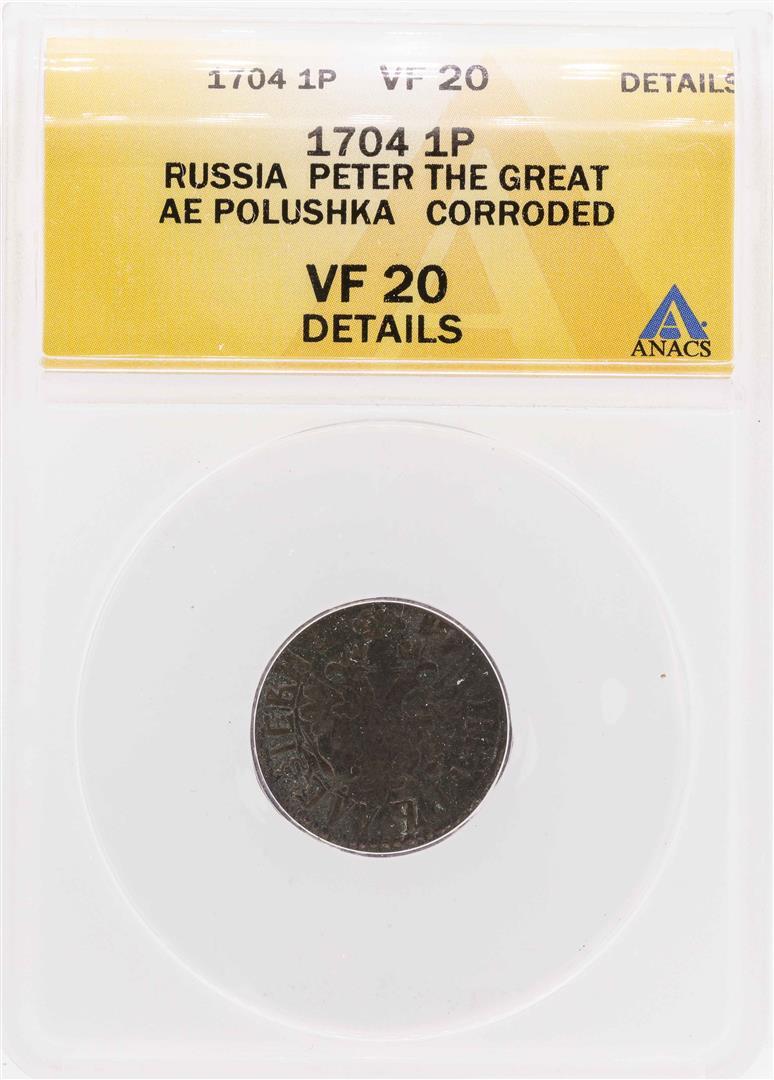 1704 Russia Peter the Great AE Polushka Coin ANACS VF20 Details