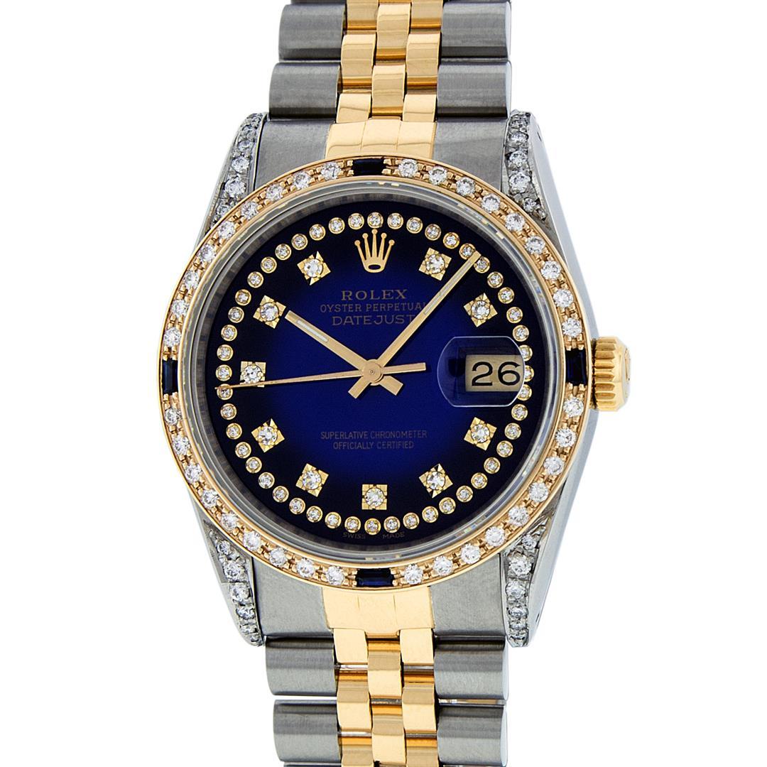 Rolex Mens 2 Tone 14K Lugs Blue Vignette Diamond String & Sapphire Datejust Wris