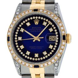 Rolex Mens 2 Tone 14K Lugs Blue Vignette Diamond String & Sapphire Datejust Wris