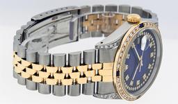 Rolex Mens 2 Tone 14K Lugs Blue Vignette Diamond String & Sapphire Datejust Wris