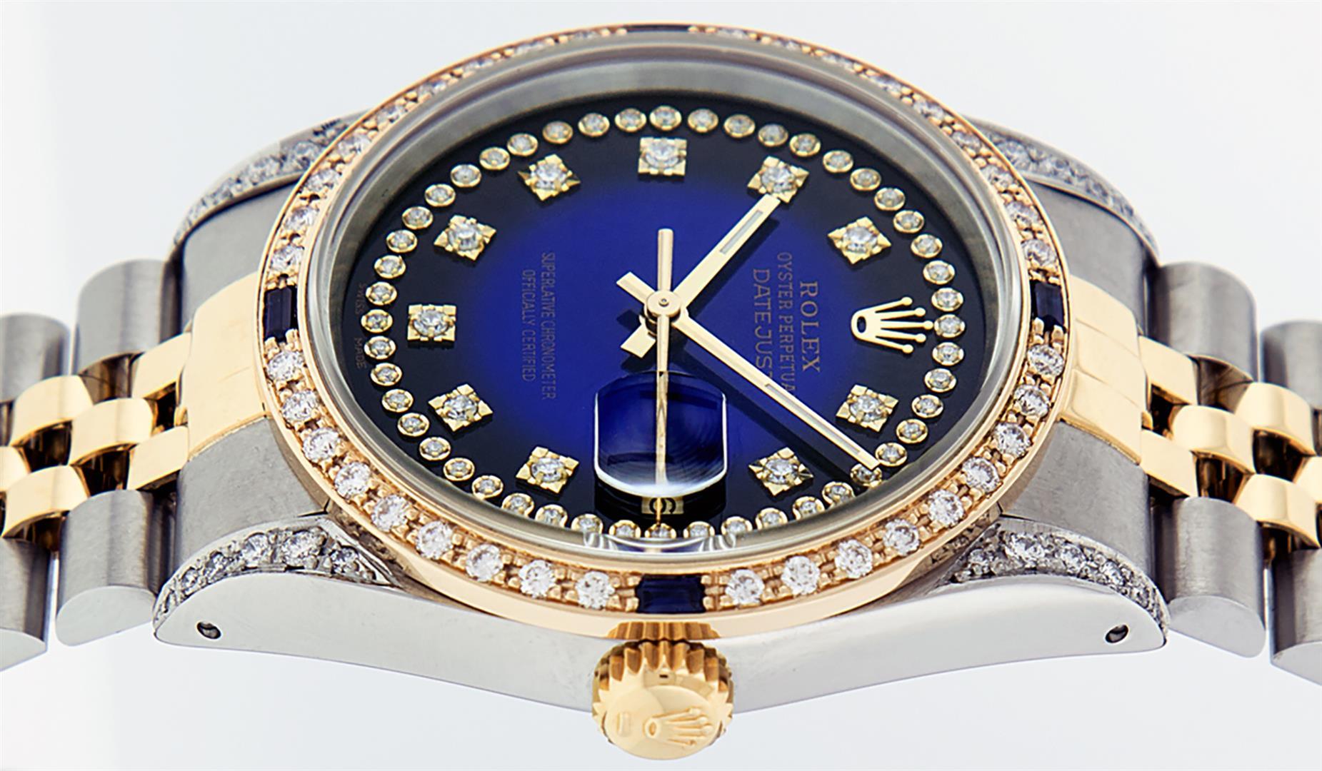 Rolex Mens 2 Tone 14K Lugs Blue Vignette Diamond String & Sapphire Datejust Wris