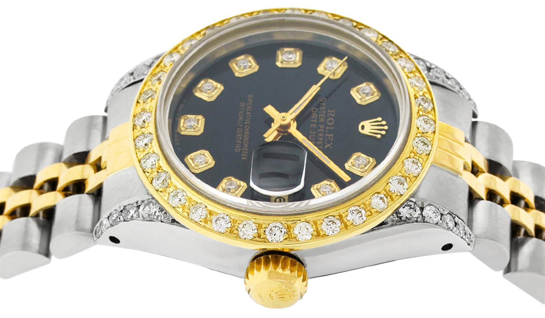 Rolex Ladies 2 Tone 14K Black Diamond Lugs Datejust Wristwatch
