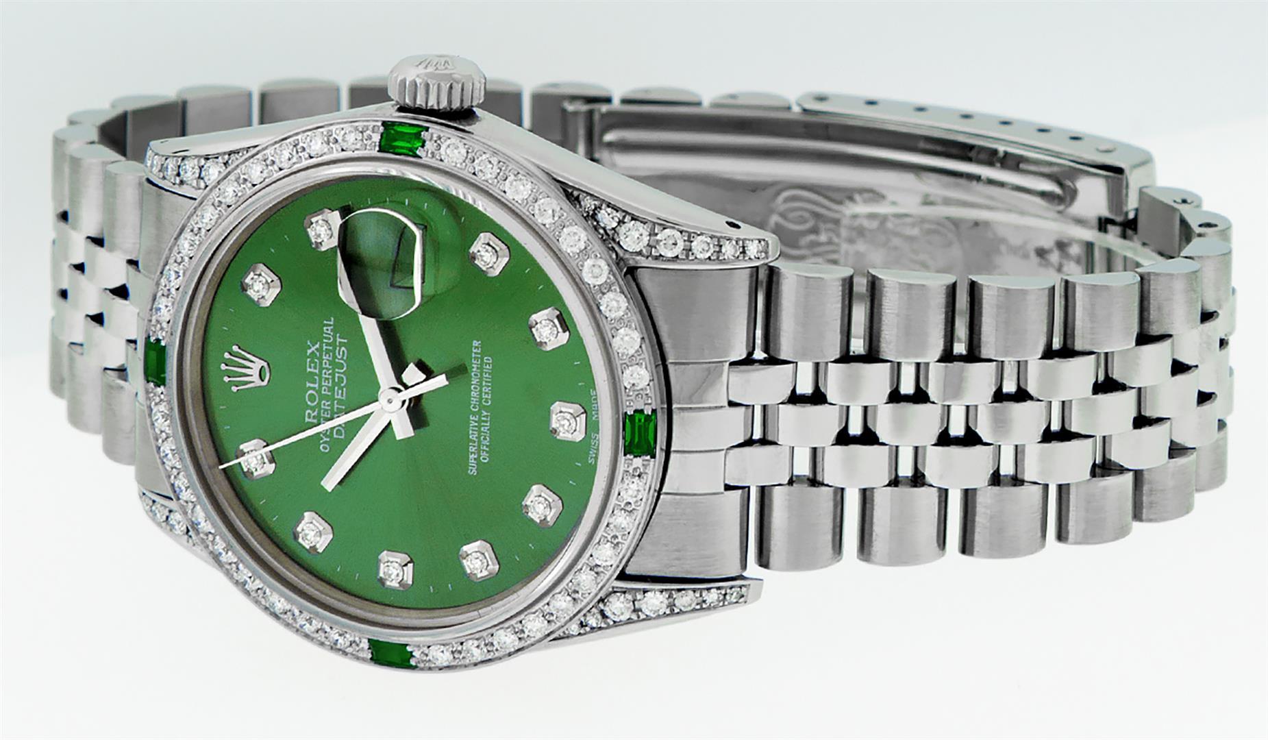 Rolex Mens Stainless Steel Diamond Lugs Green Diamond & Emerald Datejust Wristwa