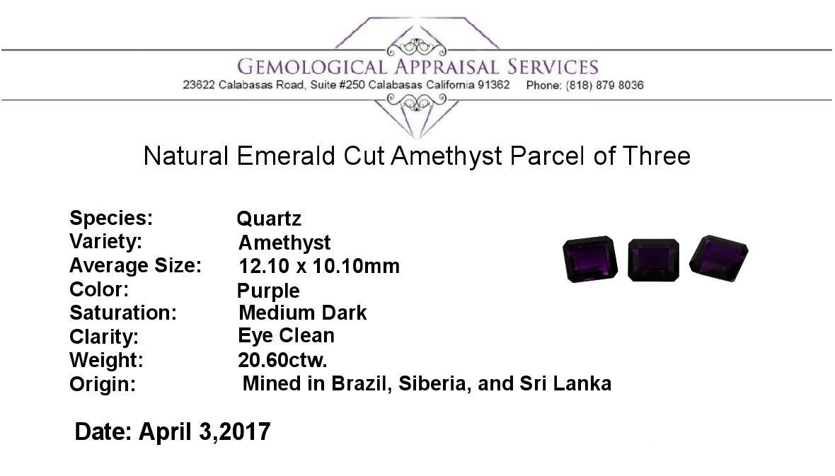 20.60 ctw. Natural Emerald Cut Amethyst Parcel of Three