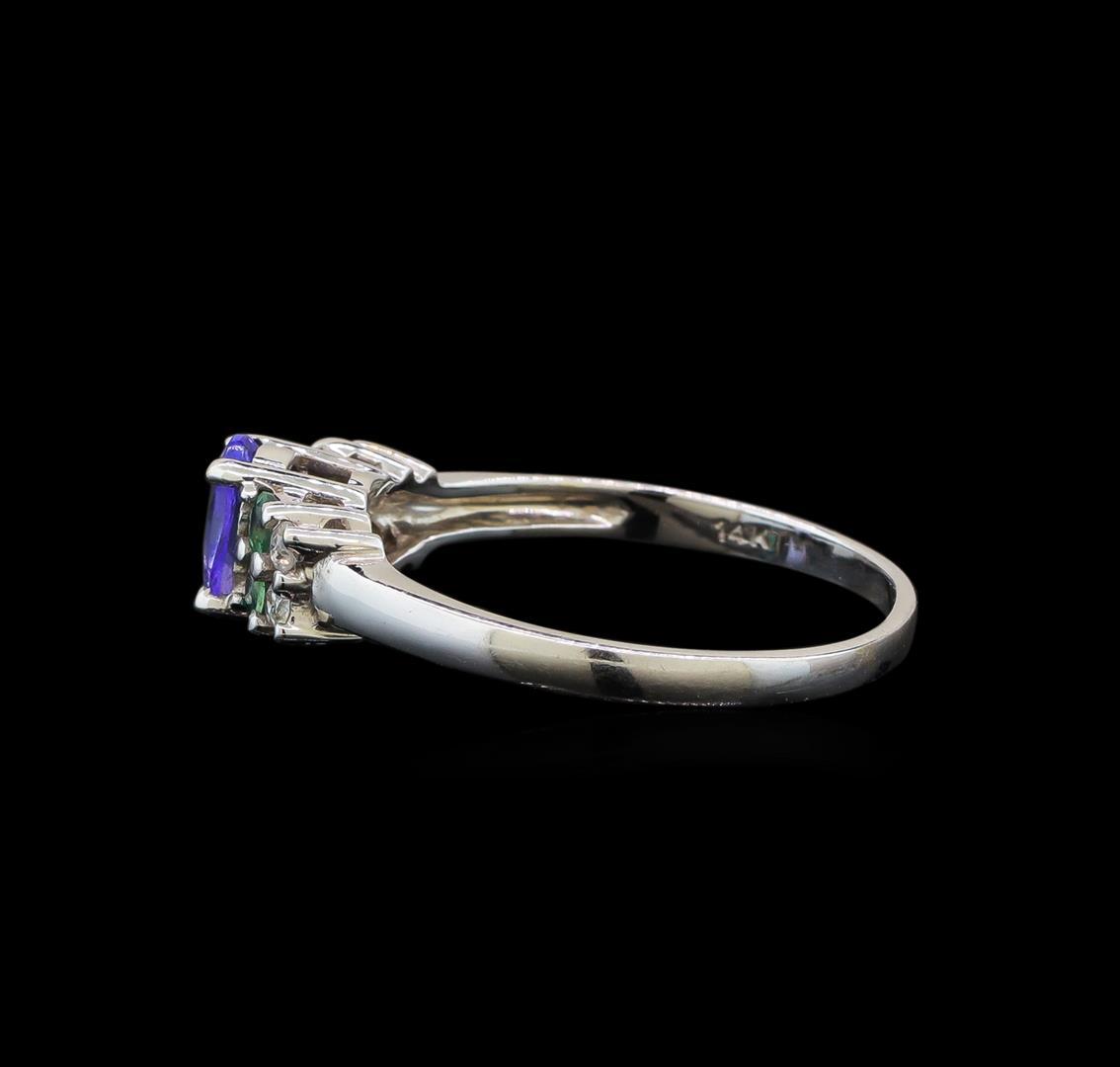 14KT White Gold 0.59 ctw Tanzanite, Emerald and Diamond Ring