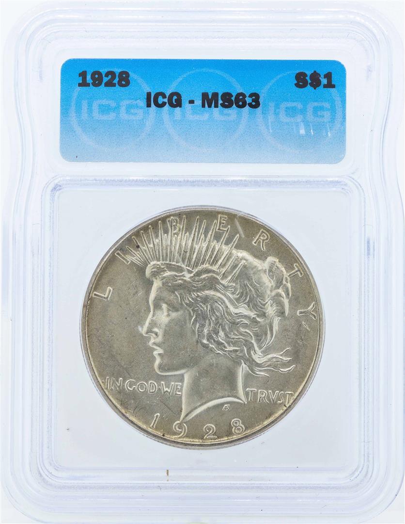 1928 $1 Peace Silver Dollar Coin ICG MS63