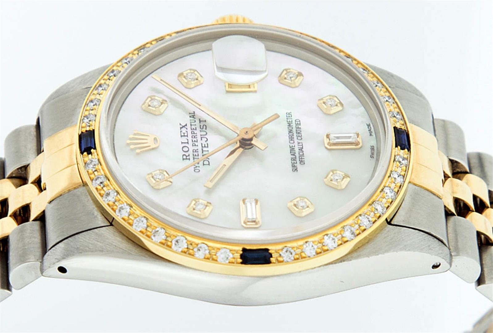 Rolex Mens 2 Tone 14K Mother Of Pearl Diamond & Sapphire Datejust Wristwatch