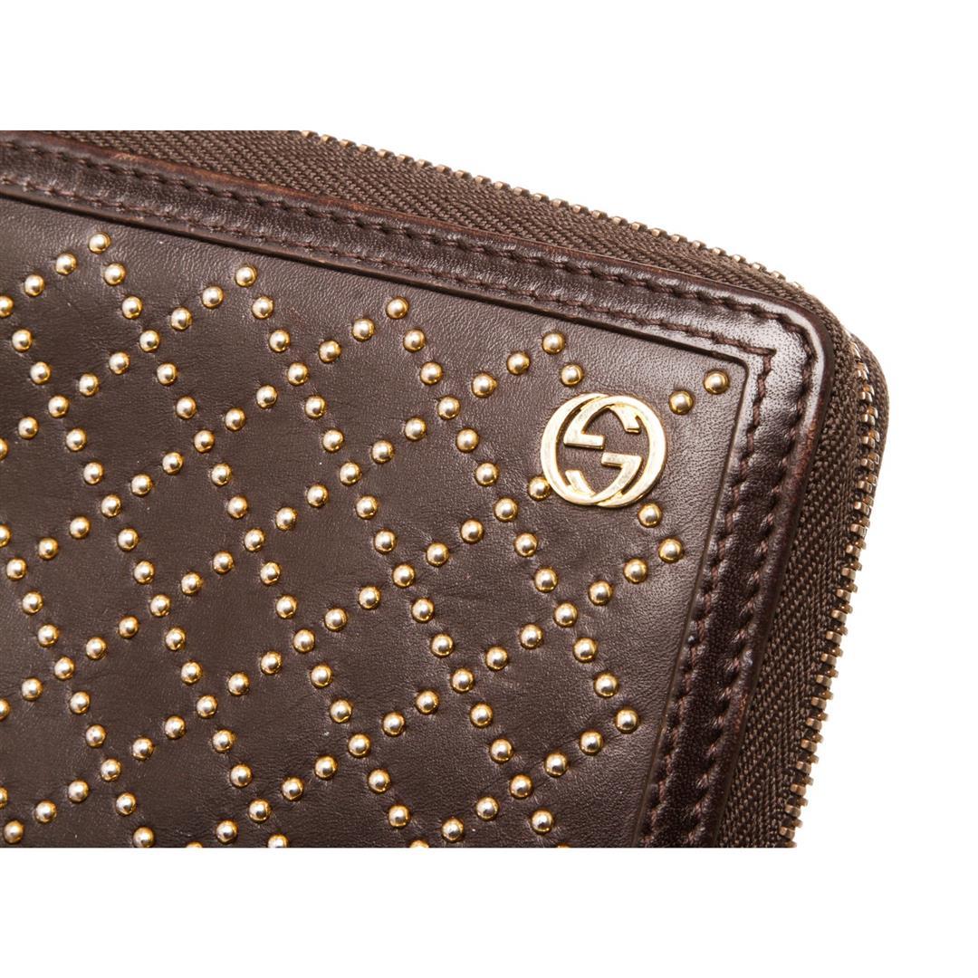 Gucci Dark Brown Leather Diamante Studded Zippy Wallet