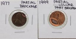 Lot of 1977 Partial Brockage & 1999 Partial Collar Brockage Lincoln Cent ERROR C