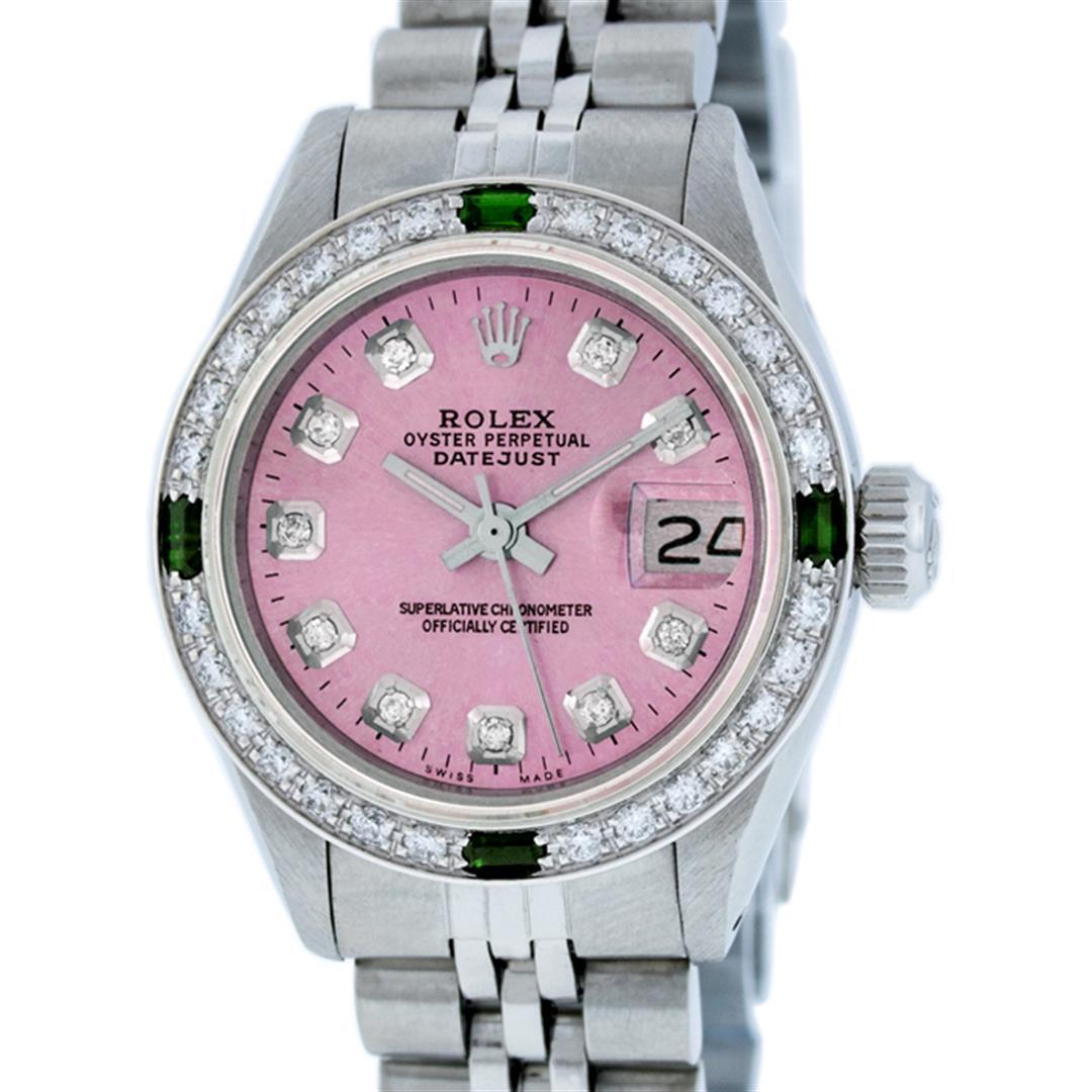 Rolex Ladies Stainless Steel Pink Diamond & Emerald Datejust Wristwatch