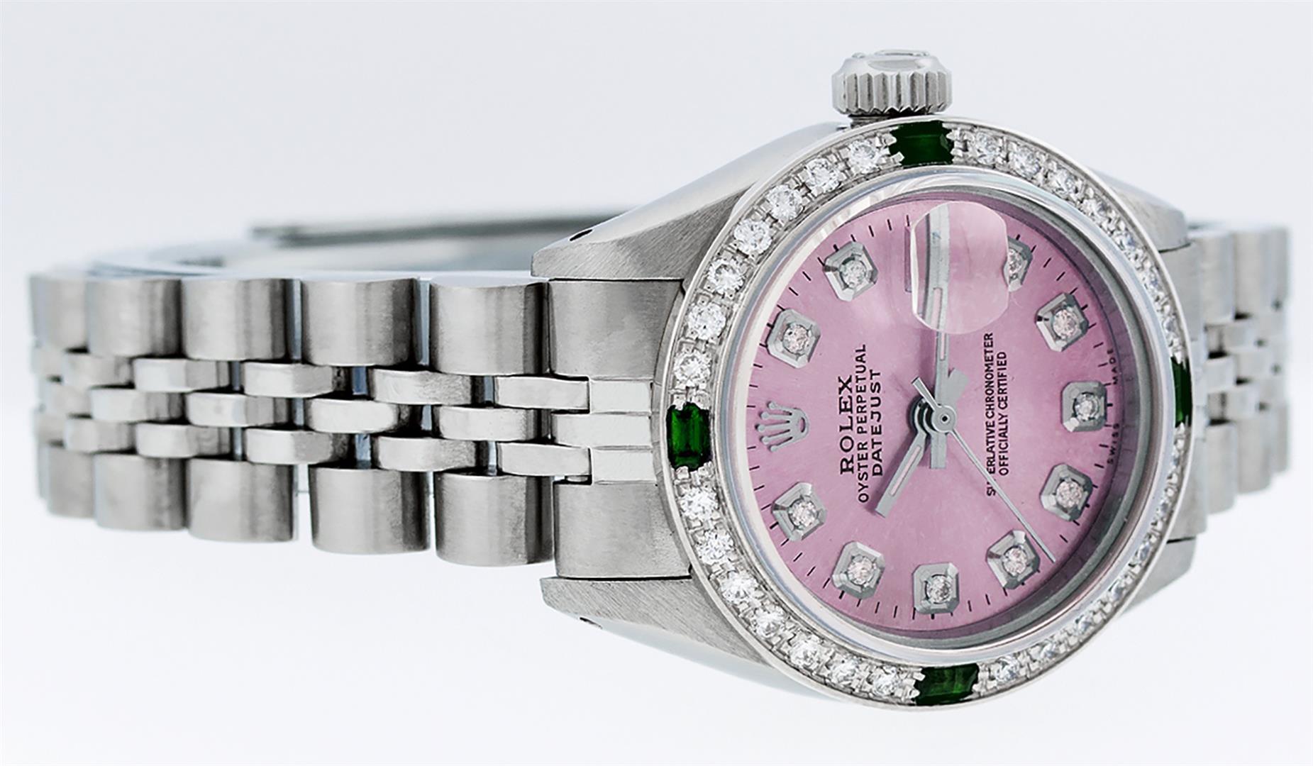 Rolex Ladies Stainless Steel Pink Diamond & Emerald Datejust Wristwatch